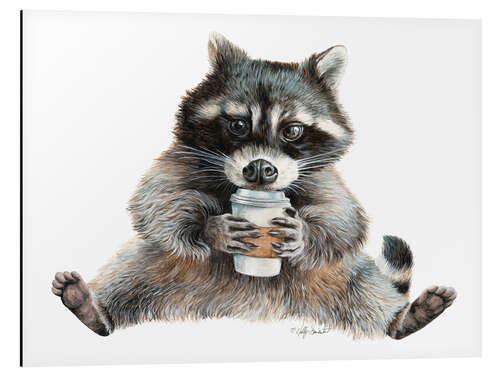 Aluminiumtavla Raccoon With Coffee