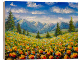 Tableau en bois Yellow Flowers in the Mountains