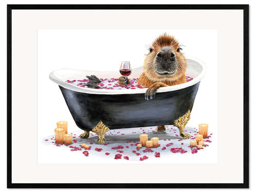 Inramat konsttryck Happy Capybara Bath