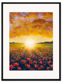 Gerahmter Kunstdruck Wolkiger Sonnenuntergang über Mohnfeld
