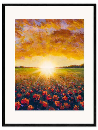 Inramat konsttryck Cloudy Sunset over Poppy Filed
