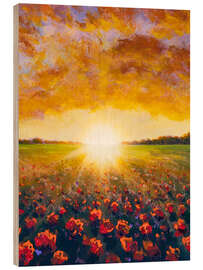 Quadro de madeira Cloudy Sunset over Poppy Filed