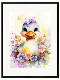 Framed art print Duckling in a Flower Bed