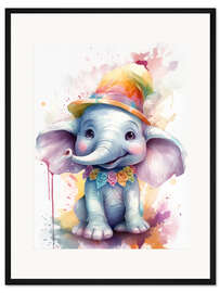 Gerahmter Kunstdruck Kleiner Elefant mit Lustigem Hut