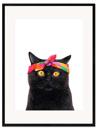 Ingelijste kunstdruk Black Cat with Rainbow Bandana