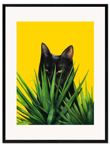 Ingelijste kunstdruk Black Cat in Leaves