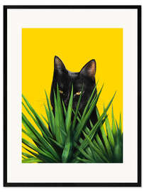 Ingelijste kunstdruk Black Cat in Leaves