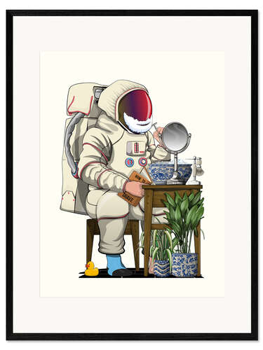Framed art print Space Astronaut Shaving in Bathroom