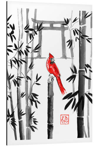 Aluminium print Red Cardinal on Bamboo