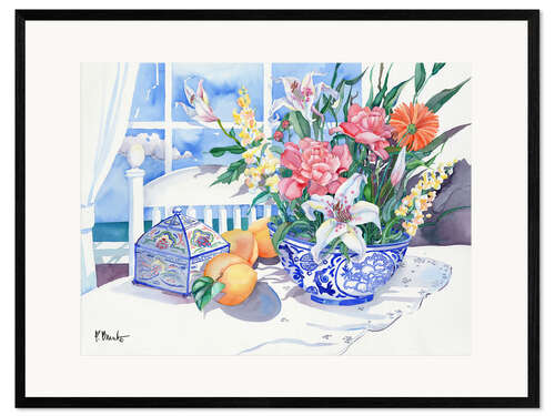 Gerahmter Kunstdruck Blumen-Stillleben am Fenster