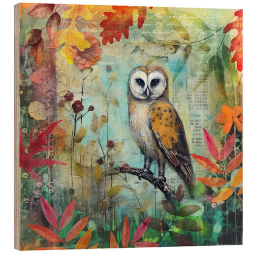 Wood print Owl in the Autumn Garden