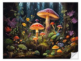 Selvklebende plakat Woodland Fantasy Mushrooms