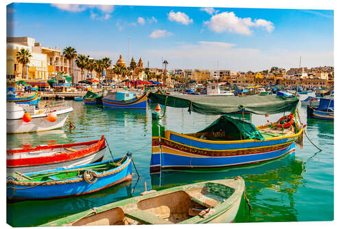 Leinwandbild Bunte Fischerboote im Hafen von Marsaxlokk, Malta