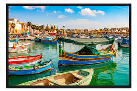 Gerahmter Kunstdruck Bunte Fischerboote im Hafen von Marsaxlokk, Malta