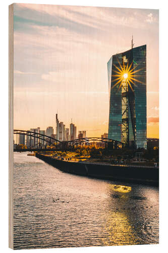 Wood print ECB in front of the Skyline of Frankfurt am Main