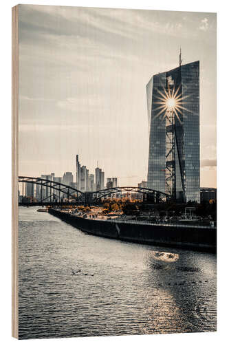 Stampa su legno ECB in Front of the Skyline With Sun Shining Through the Building