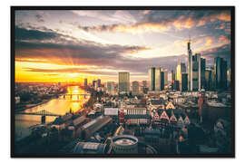Gerahmter Kunstdruck Frankfurt am Main von Oben, Skyline im Sonnenuntergang