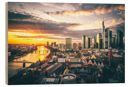 Wood print Frankfurt am Main from Above, Skyline at Sunset