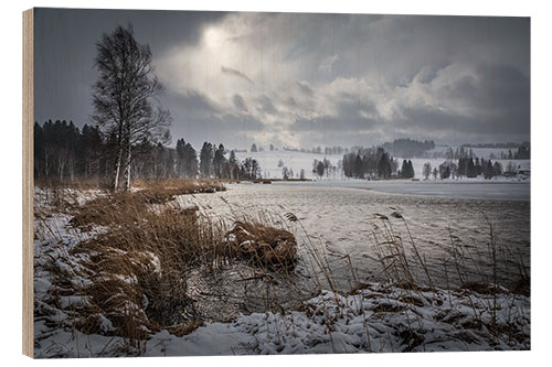 Wood print Stormy Winter Day on the Shore of Bayersoiener See, Bavaria