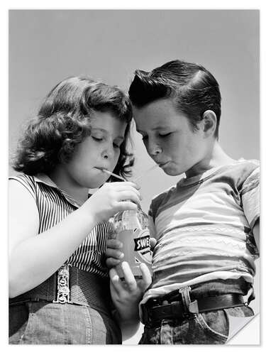 Selvklebende plakat Girl and Boy sharing Soda with a Straw