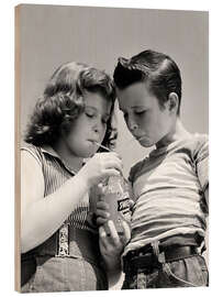 Wood print Girl and Boy sharing Soda with a Straw