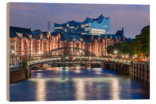 Quadro de madeira Speicherstadt at Night, Hamburg