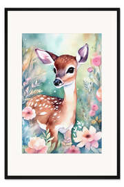 Gerahmter Kunstdruck Rehkitz im Garten