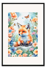 Gerahmter Kunstdruck Fuchs-Welpe im Garten II