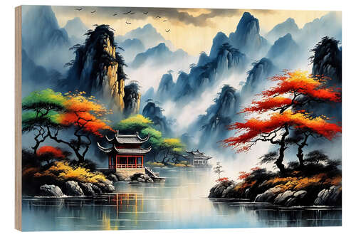 Wood print Chinese River Landscape