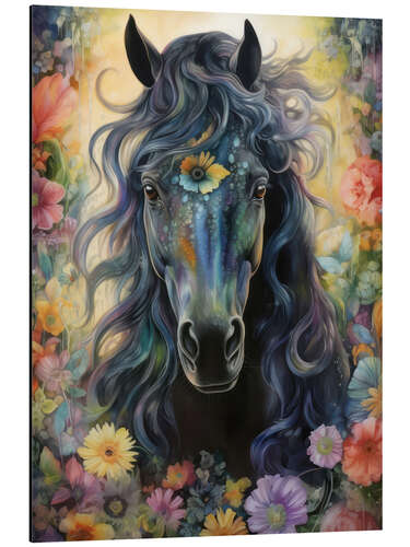 Aluminium print Black Horse Among Flowers