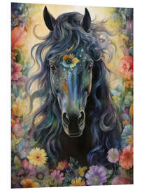 Foam board print Black Horse Among Flowers