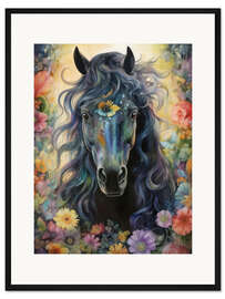 Gerahmter Kunstdruck Schwarzes Pferd im Blumenfeld