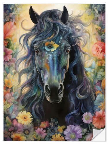 Sticker mural Black Horse Among Flowers