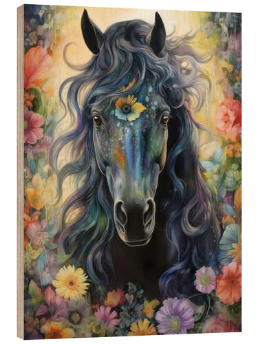 Wood print Black Horse Among Flowers