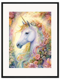Gerahmter Kunstdruck Einhorn und Blütenknospen