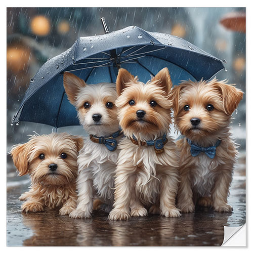 Selvklebende plakat Puppies on a Rainy Day