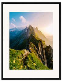 Gerahmter Kunstdruck Berggipfel bei Sonnenuntergang