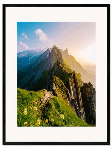 Gerahmter Kunstdruck Berggipfel bei Sonnenuntergang