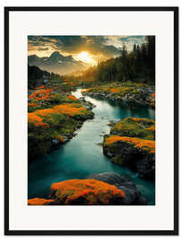 Gerahmter Kunstdruck Bach bei Sonnenuntergang