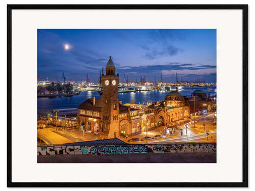 Framed art print Gauge Tower Sankt Pauli Landungsbrücken at Night