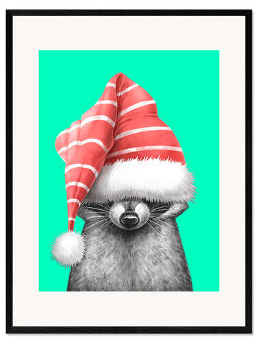 Kehystetty taidepainatus Raccoon in a Christmas Hat