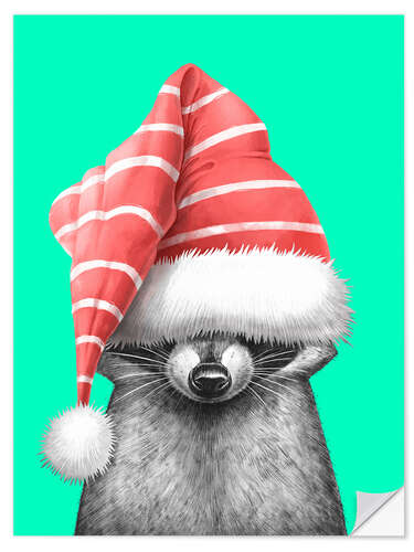 Naklejka na ścianę Raccoon in a Christmas Hat