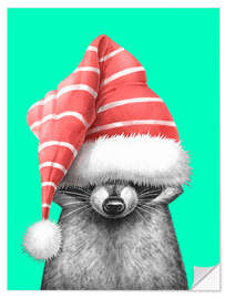 Naklejka na ścianę Raccoon in a Christmas Hat