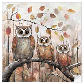 Sisustustarra Owls In The Autumn Forest