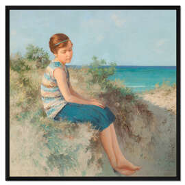 Gerahmter Kunstdruck Mädchen sitzt in den Dünen am Strand auf Sylt