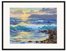 Gerahmter Kunstdruck Brandung bei Sonnenuntergang