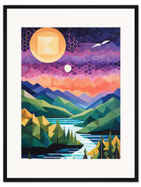 Gerahmter Kunstdruck Bergsee-Quilt im geometrischen Design