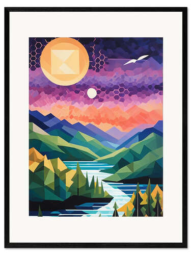 Ingelijste kunstdruk Mountain Lake Quilt in a Geometric Design