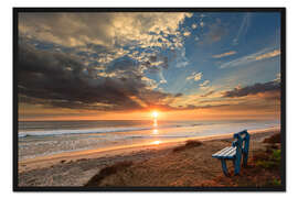 Gerahmter Kunstdruck Sitzbank am Strand in Kalifornien