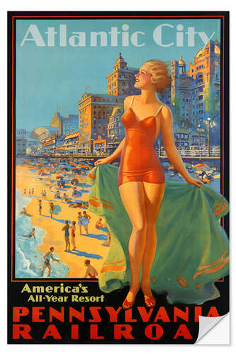 Selvklæbende plakat Travel to Atlantic City via Pennsylvania Railroad